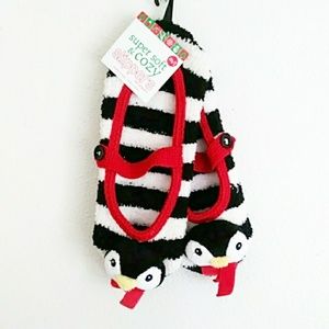 Fuzzy Black White Red Striped penguin slippers
